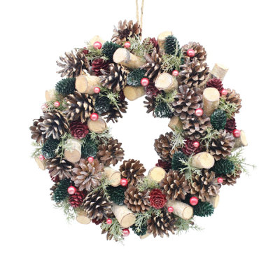 Urbn-Living Urbnliving 34Cm RedGreen & Wood Wreath Festive Decoration With Jute Hanger Traditional Pinecone Décor from B&Q