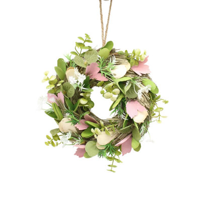 Urbn-Living Urbnliving 34Cm Green Cream & Pink Hanging Door Wreath Round Spring Easter Christmas Wall Décor Traditional Festive from B&Q