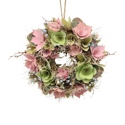 B&Q -  25Cm Pink & Green Twigs Hanging Door Wreath Round Spring Easter Christmas Wall Décor Traditional Festive