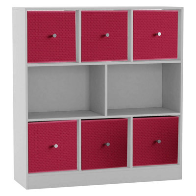 B&Q -  WhiteFuchsiaAsymmetrical 8 Cube Bookcase Unit W/ 6 Drawer Inserts