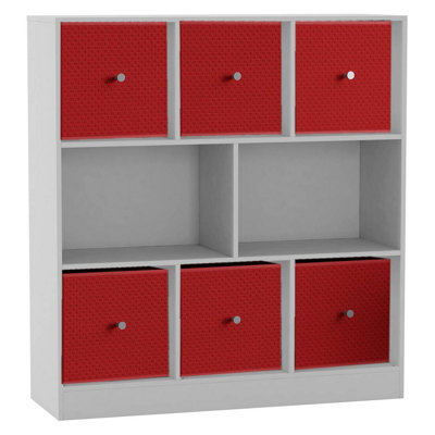B&Q -  WhiteRedAsymmetrical 8 Cube Bookcase Unit W/ 6 Drawer Inserts