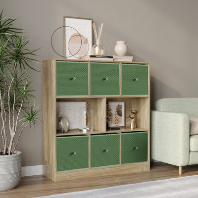 B&Q -  Urbnliving Asymmetrical 8 Cube Bookcase Shelf Storage Unit W/ 6 Fabric Drawer Inserts (Oak+Pastel Green)