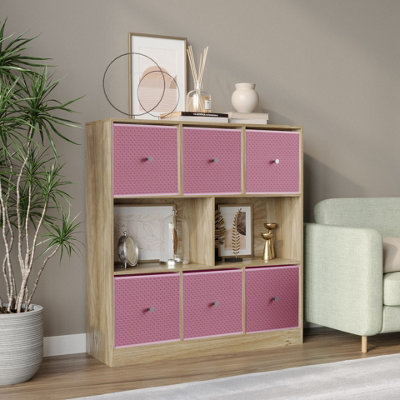 B&Q -  Urbnliving Asymmetrical 8 Cube Bookcase Shelf Storage Unit W/ 6 Fabric Drawer Inserts (Oak+Pastel Pink)