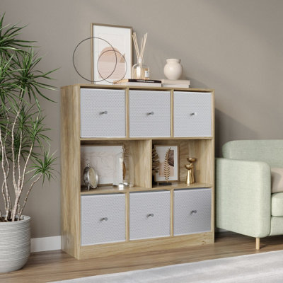 B&Q -  Urbnliving Asymmetrical 8 Cube Bookcase Shelf Storage Unit W/ 6 Fabric Drawer Inserts (Oak+White)