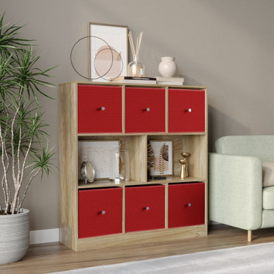 B&Q -  Urbnliving Asymmetrical 8 Cube Bookcase Shelf Storage Unit W/ 6 Fabric Drawer Inserts (Oak+Red)