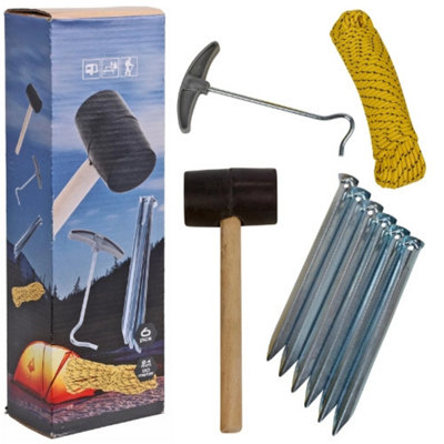 B&Q -  9Pc Camping Tent Peg Set W/ Mallet Hammer Rope & Peg Puller Extractor Kit