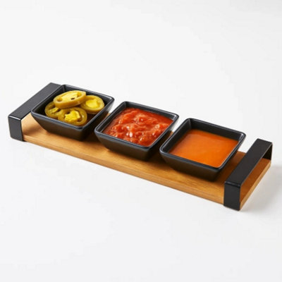 Urbn-Living 4 Pcs Serving Set Black Ceramic Snack Dips Tapas Bowls Dishes Acacia Wood Board