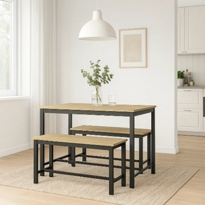 Urbn-Living 3 Pcs Wooden Kitchen Dining Living Room Table Metal Frame 2 Matching Benches Set - Oak