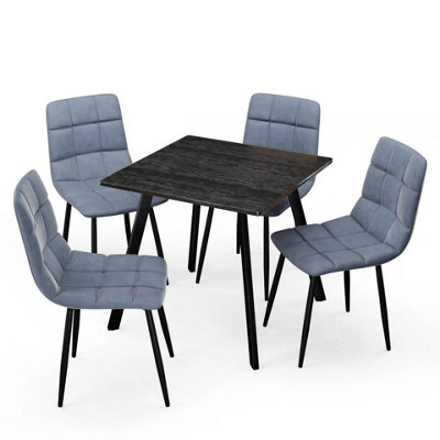 Urbn-Living Urbnliving 80Cm Black Wood Square Table With 4 Madison Blue Velvet Chairs from B&Q