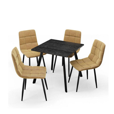 Urbn-Living Urbnliving 80Cm Black Wood Square Table With 4 Curly Yellow Velvet Chairs from B&Q
