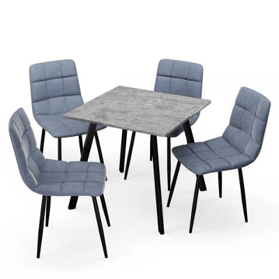 Urbn-Living Urbnliving 80Cm Concrete Square Table With 4 Madison Blue Velvet Chairs from B&Q