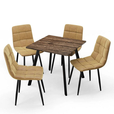 Urbn-Living Urbnliving 80Cm Oak Square Table With 4 Curly Yellow Velvet Chairs from B&Q