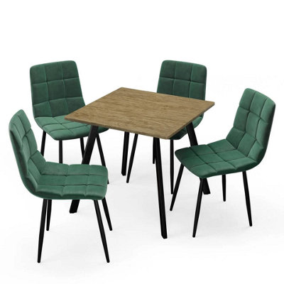 Urbn-Living Urbnliving 80Cm Oak Square Table With 4 Green Velvet Chairs from B&Q