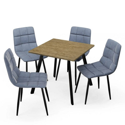 Urbn-Living Urbnliving 80Cm Rustic Oak Square Table With 4 Madison Blue Velvet Chairs from B&Q