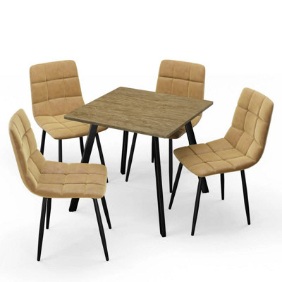 Urbn-Living Urbnliving 80Cm Rustic Oak Square Table With 4 Curly Yellow Velvet Chairs from B&Q
