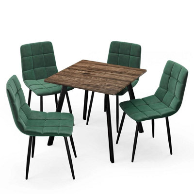 Urbn-Living Urbnliving 80Cm Rustic Oak Square Table With 4 Green Velvet Chairs from B&Q