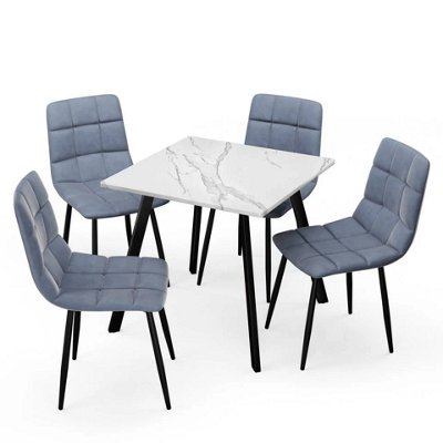 Urbn-Living Urbnliving 80Cm White Marble Square Table With 4 Madison Blue Velvet Chairs from B&Q