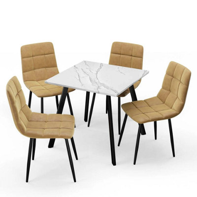 Urbn-Living Urbnliving 80Cm White Marble Square Table With 4 Curly Yellow Velvet Chairs from B&Q
