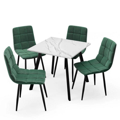 Urbn-Living Urbnliving 80Cm White Marble Square Table With 4 Green Velvet Chairs from B&Q