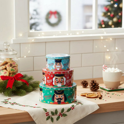 Urbn-Living Urbnliving 3 Piece Christmas Nutcracker Biscuit Cookie And Cake Tin Set Nesting Storage Tins Square Round Metal from B&Q