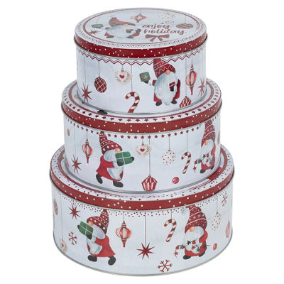 Urbn-Living Urbnliving 3 Piece Christmas Santa Gnome Biscuit Cookie And Cake Tin Set Nesting Storage Tins Square Round Metal from B&Q