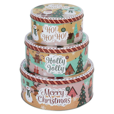 Urbn-Living Urbnliving 3 Piece Christmas Santa & Snowman Biscuit Cookie And Cake Tin Set Nesting Storage Tins Square Round Metal from B&Q