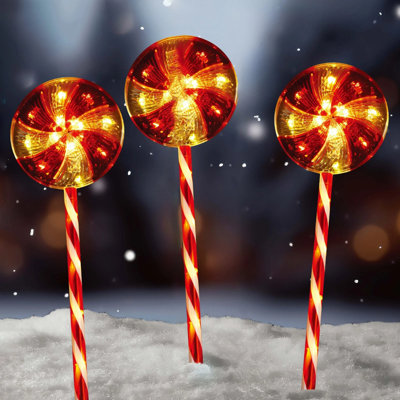 Urbn-Living Urbnliving Christmas Lollipop Candy Cane Path Lights Outdoor Garden Décor Timer Stakes Xmas Set Of 3 from B&Q
