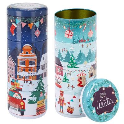 Urbn-Living Urbnliving Set Of Mini Christmas Metal Storage TinsFestive Nesting & Stacking Containers 1 Of Each Design from B&Q
