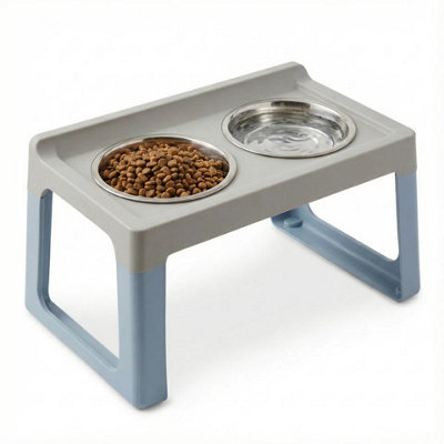 Urbn-Living Blue Elevated Pet Feeder Stainless Steel Double Bowl Water Stand Tray Cat Dog 30Cm 2L