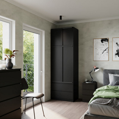 Urbn-Living Urbnliving 240Cm Premium Black Sliding Door Wardrobe With Spacious Storage Black Carcass Black Doors from B&Q
