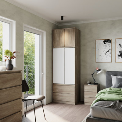 Urbn-Living Urbnliving 240Cm Stylish Sliding Door Wardrobe Bedroom Storage Oak Carcass White Doors from B&Q