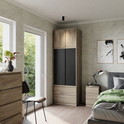 Urbn-Living Urbnliving 240Cm Modern Black Sliding Door Wardrobe With Hanging Rail Oak Carcass Black Doors from B&Q