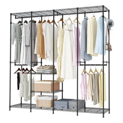 B&Q -  195Cm Black 4 Column Wire Wardrobe With 4 Rails 6 Shelves And Side Hooks