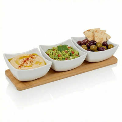 Urbn-Living 4 Piece Porcelain Dip Bowl Set With Bamboo Tray Square Tapas Serving Set