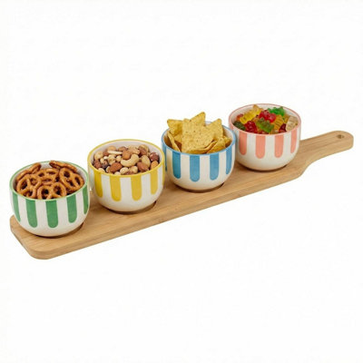 Urbn-Living 5 Piece Porcelain Serving Bowl Set With Bamboo Tray Striped Snack Dip SetPaddle from B&Q