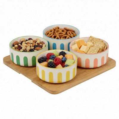 Urbn-Living 5 Piece Porcelain Serving Bowl Set With Bamboo Tray Striped Snack Dip SetSquare from B&Q