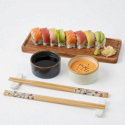 Urbn-Living 9 Piece Sushi Serving Set Bamboo Tray Chopsticks Ceramic Bowls