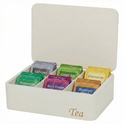 Urbn-Living Wooden Tea Storage Box Organiser Kitchen Tea Bag Holder With LidCream 6 Compartment