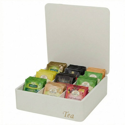 Urbn-Living Wooden Tea Storage Box Organiser Kitchen Tea Bag Holder With LidCream 9 Compartment