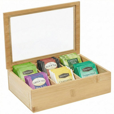Urbn-Living Bamboo Tea Bag Organiser Storage Box With Lid 6 Compartment Kitchen Storage