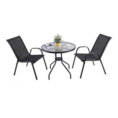 Urbn-Living Urbnliving 3 Piece Garden Bistro Set Round Glass Table & 2 Chairs Outdoor Patio Balcony FurnitureBlack from B&Q