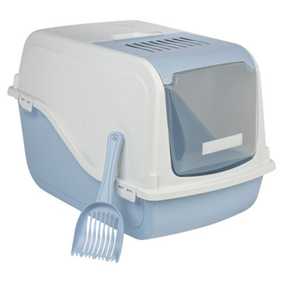 B&Q -  Light Blue Hooded Cat Litter Tray W/ Charcoal Filter And Scoop Plastic Box Odour Control
