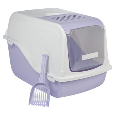 B&Q -  Lilac Hooded Cat Litter Tray W/ Charcoal Filter And Scoop Plastic Box Odour Control