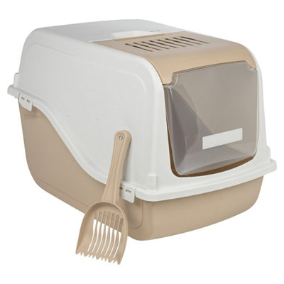 B&Q -  Mocca Hooded Cat Litter Tray W/ Charcoal Filter And Scoop Plastic Box Odour Control