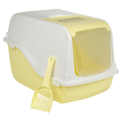 B&Q -  Yellow Hooded Cat Litter Tray W/ Charcoal Filter And Scoop Plastic Box Odour Control