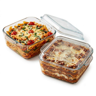 B&Q -  1L Set Of 2 Square Glass Casserole Dish With Lid Borosilicate Ovenware Airfryer