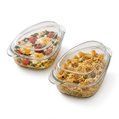 B&Q -  1L Set Of 2 Triangle Glass Casserole Dish With Lid Borosilicate Ovenware Airfryer