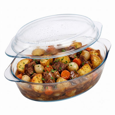 B&Q -  2.9L Oval Glass Casserole Dish With Lid Borosilicate Ovenware Bakeware