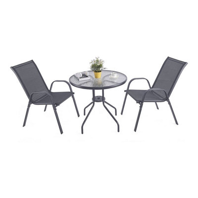 Urbn-Living Urbnliving 3 Piece Garden Bistro Set Round Glass Table & 2 Chairs Outdoor Patio Balcony FurnitureGrey from B&Q