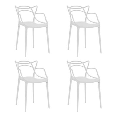 B&Q -  Urbnliving Set Of 4 Modern Stackable Lattice Back Dining Chairs Indoor Outdoor Plastic ArmchairsWhite